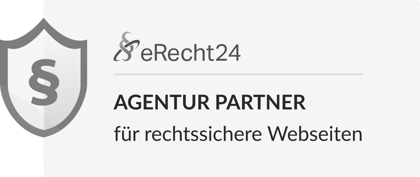 Schwarz weißes Agentur Partner Siegel für rechtssichere Webseiten von eRecht24 vom des KREATIVSTUDIO München als Qualitätssymbol