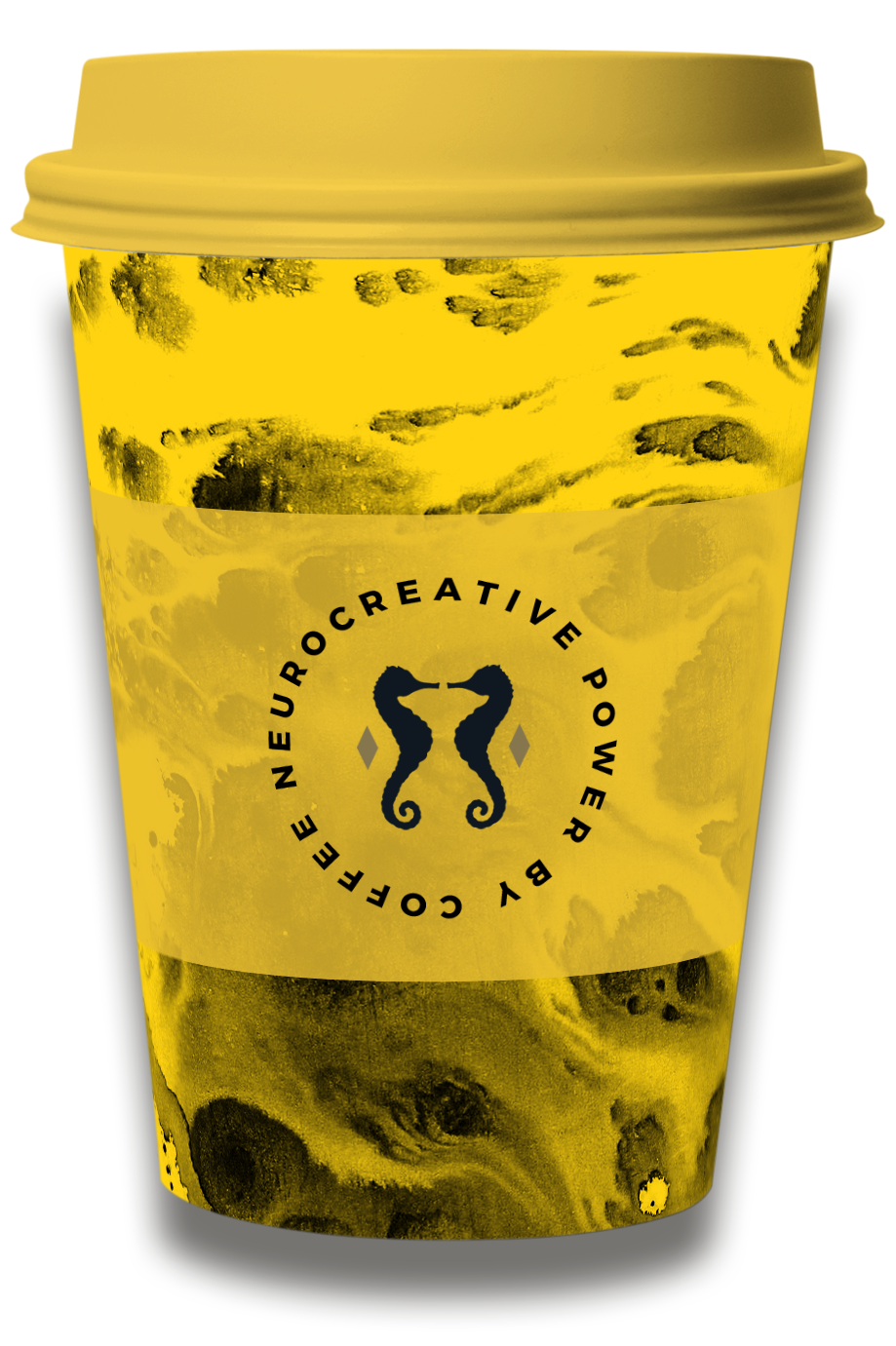 Gelber Kaffeebecher mit Branding der WissensMANUFAKTUR München